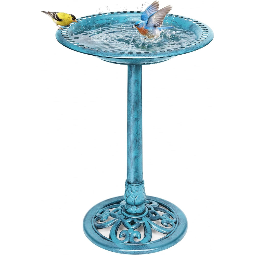 28" Blue Polyresin Pedestal Outdoor Bird Bath