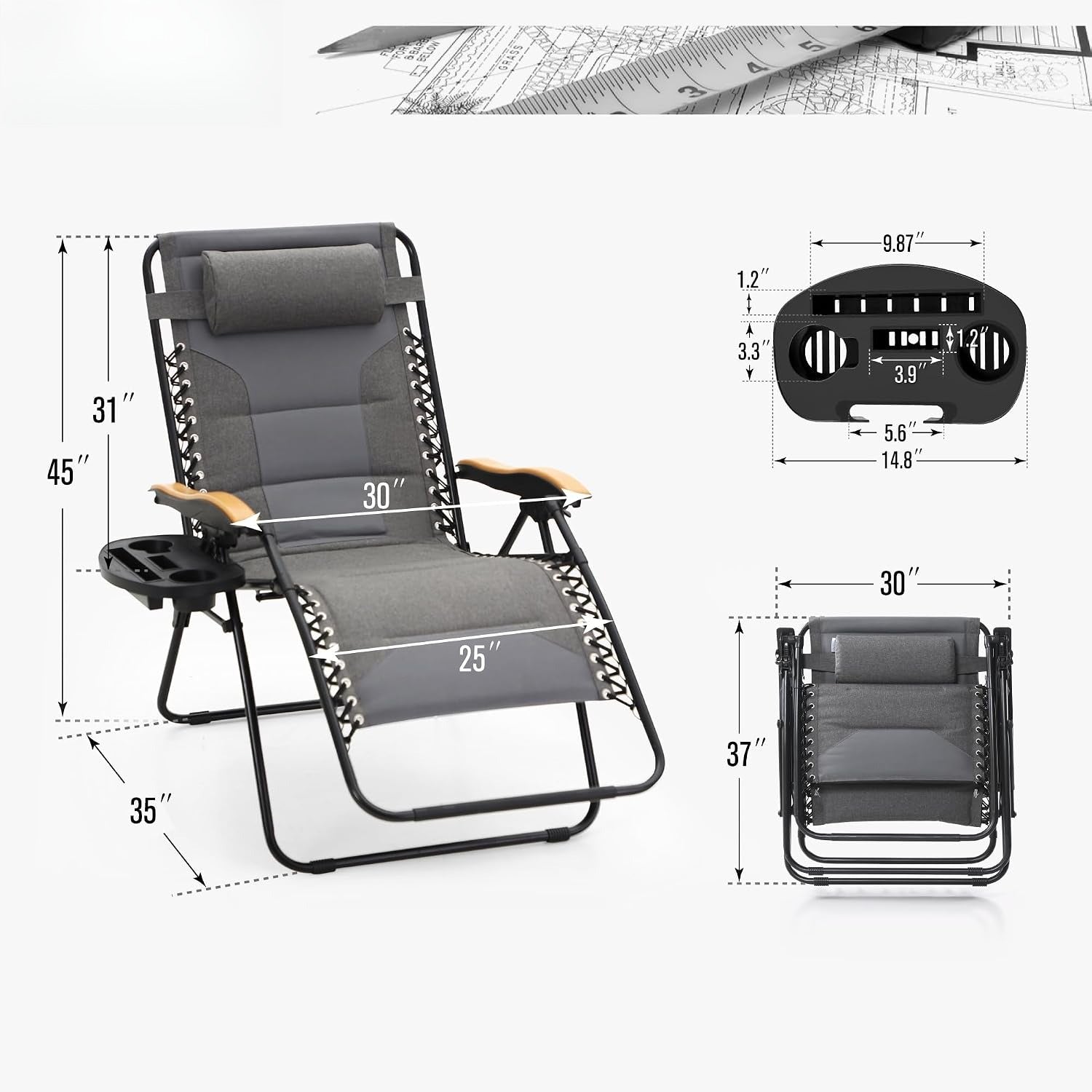 Light Grey Padded Zero Gravity Chair with Cup Holder