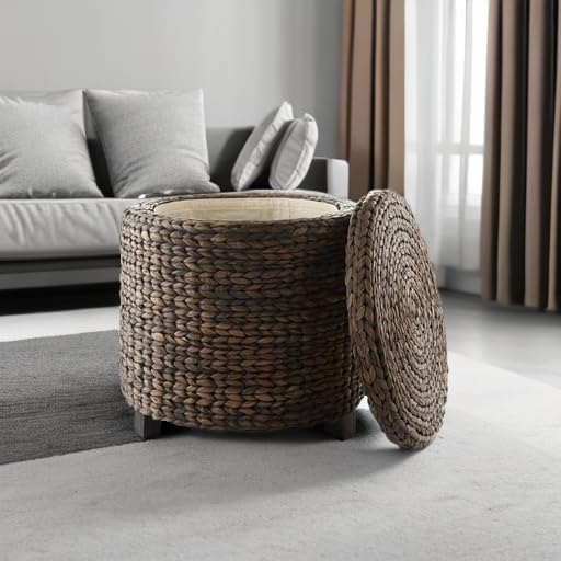 17" Espresso Water Hyacinth Round Storage Ottoman