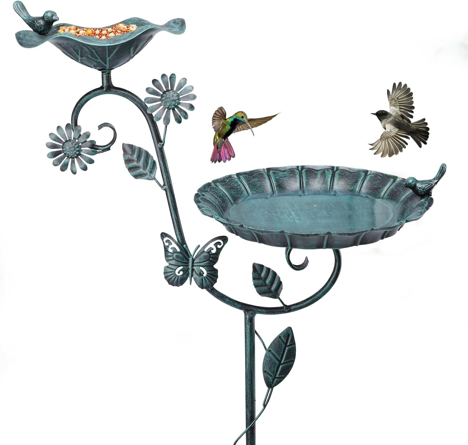 53in Green Metal Bird Bath & Feeder Station