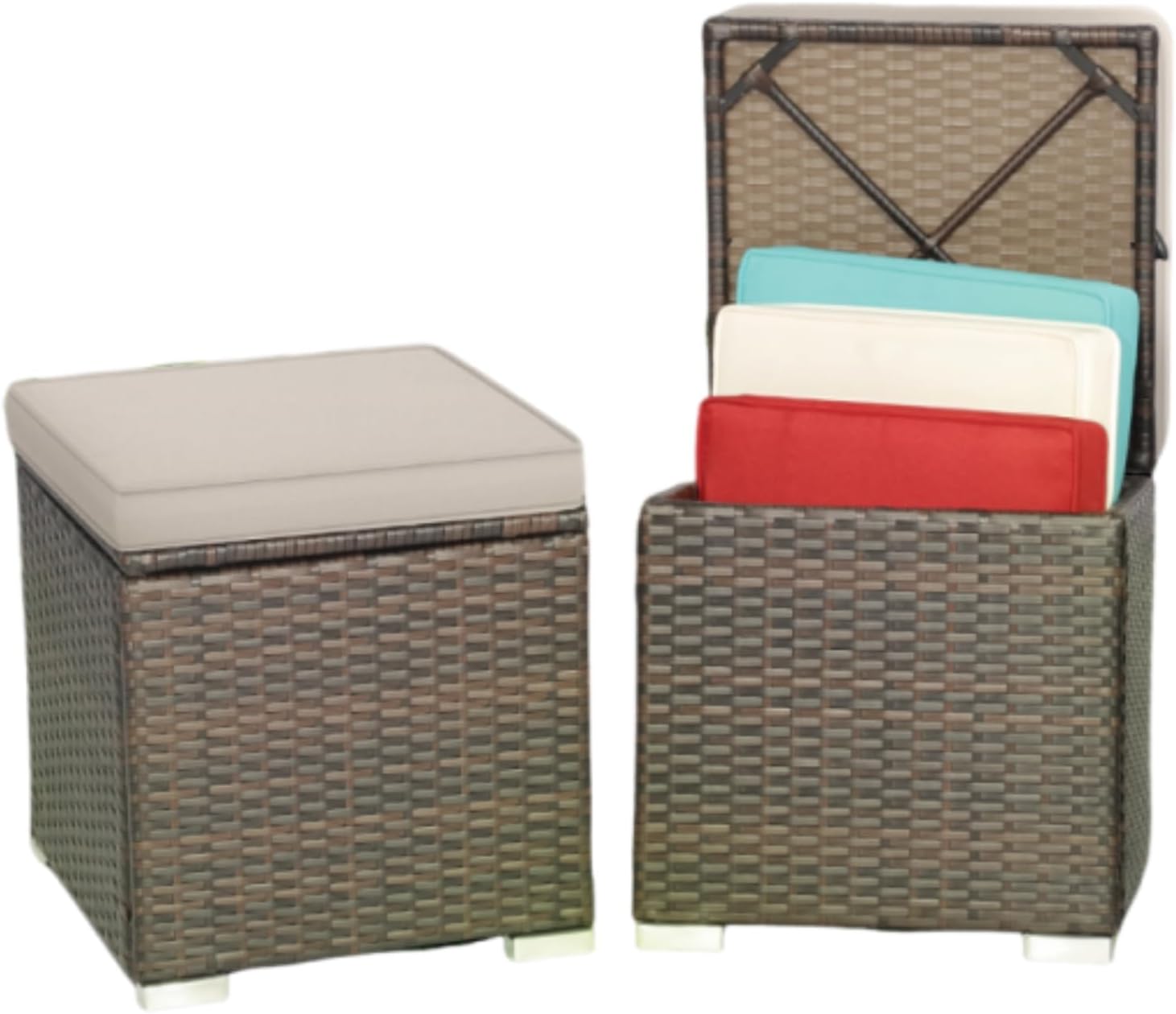 2-Pack Beige Wicker Outdoor Storage Ottoman