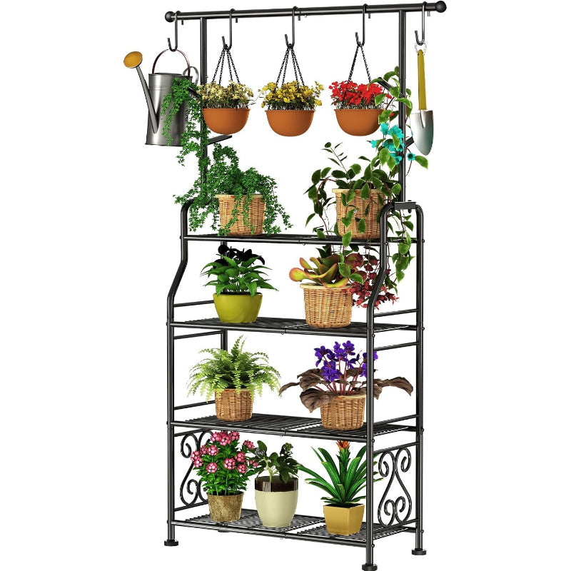 4-Tier Black Metal Plant Stand with Hooks