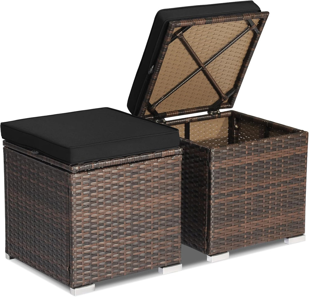2-Pack Black PE Rattan Outdoor Storage Ottoman