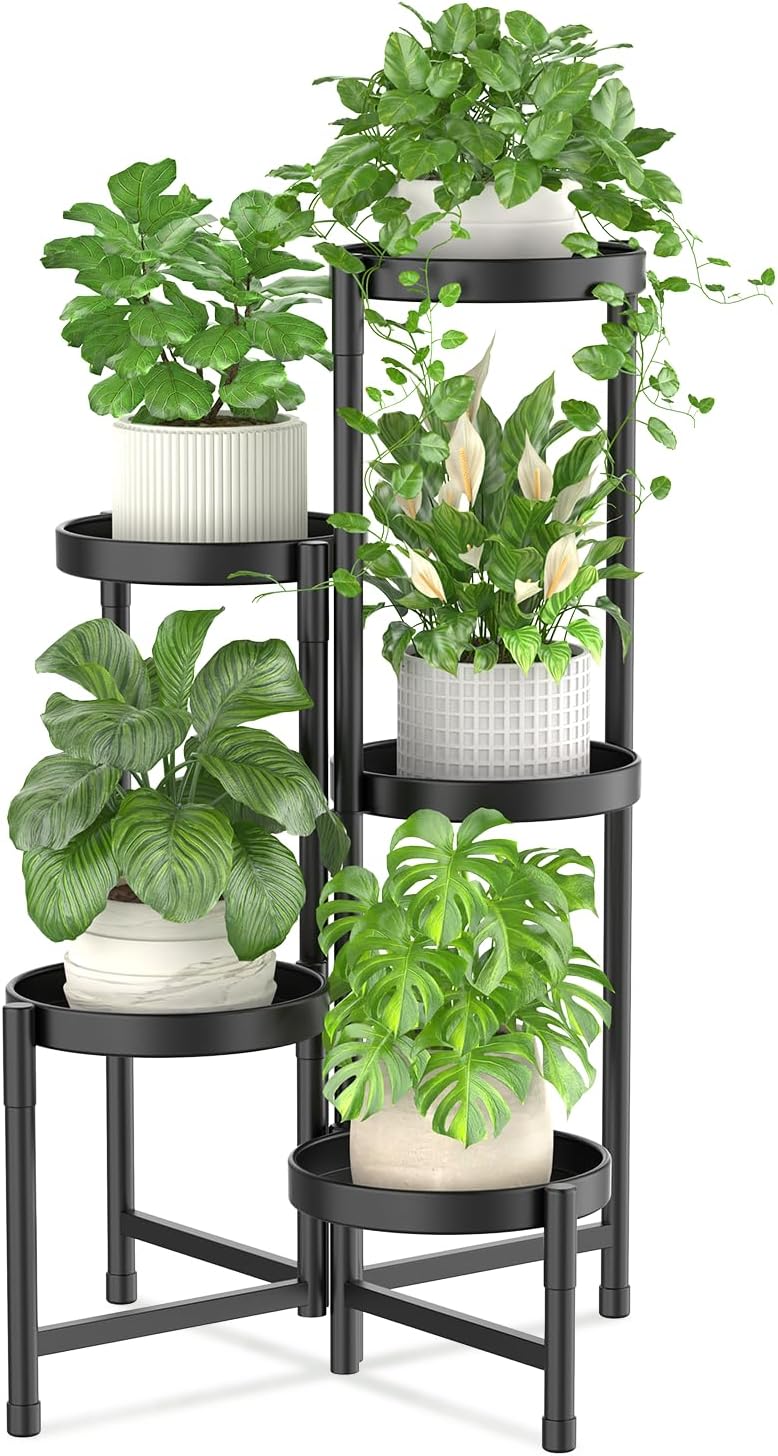 5-Tier Black Folding Metal Corner Plant Stand