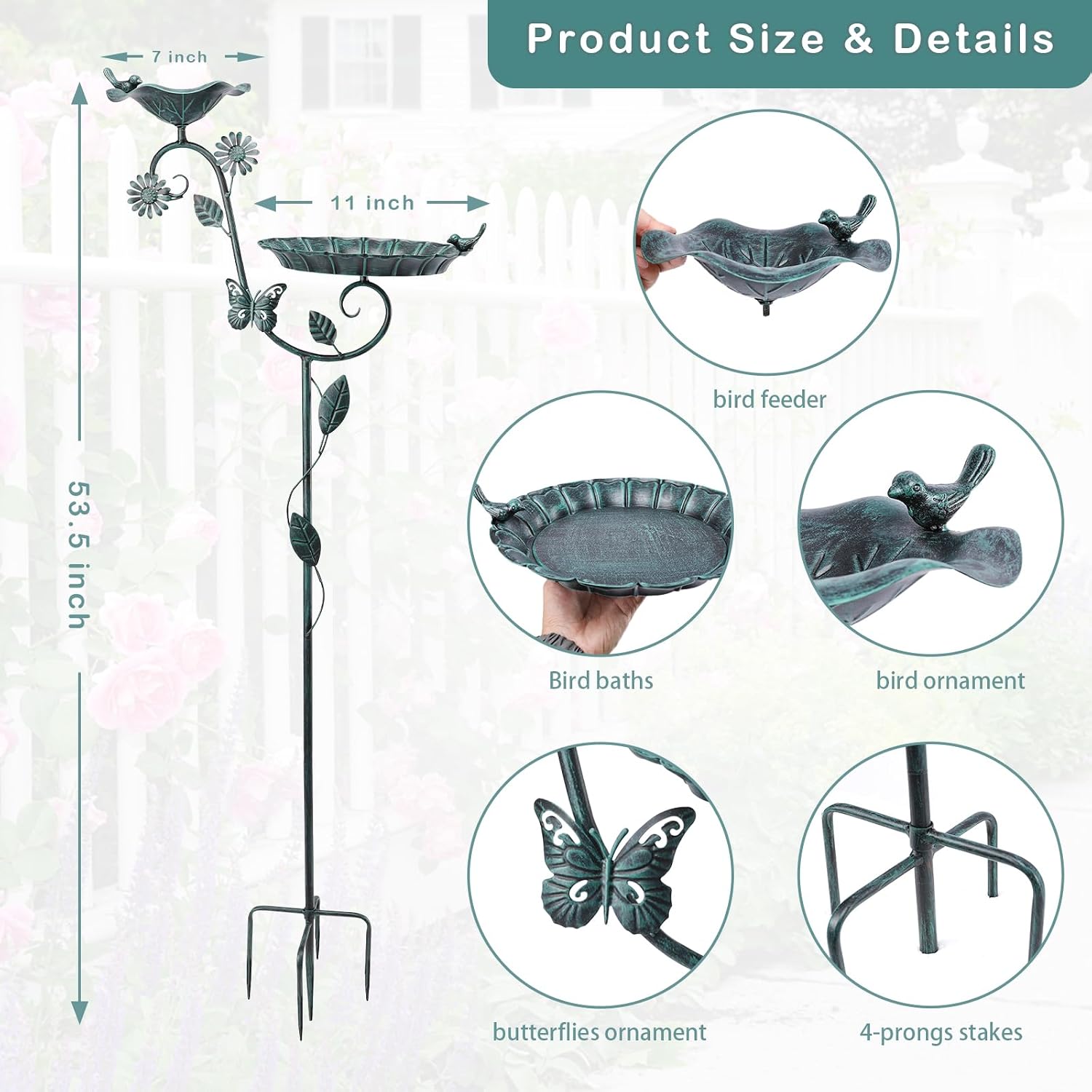 53in Green Metal Bird Bath & Feeder Station