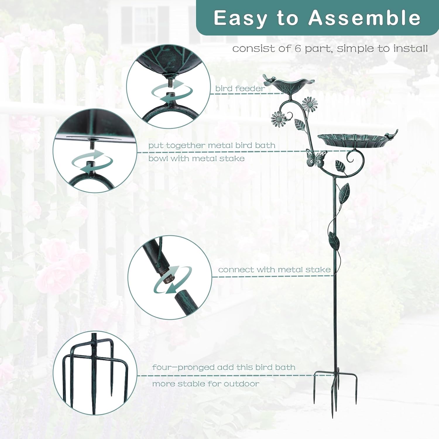 53in Green Metal Bird Bath & Feeder Station