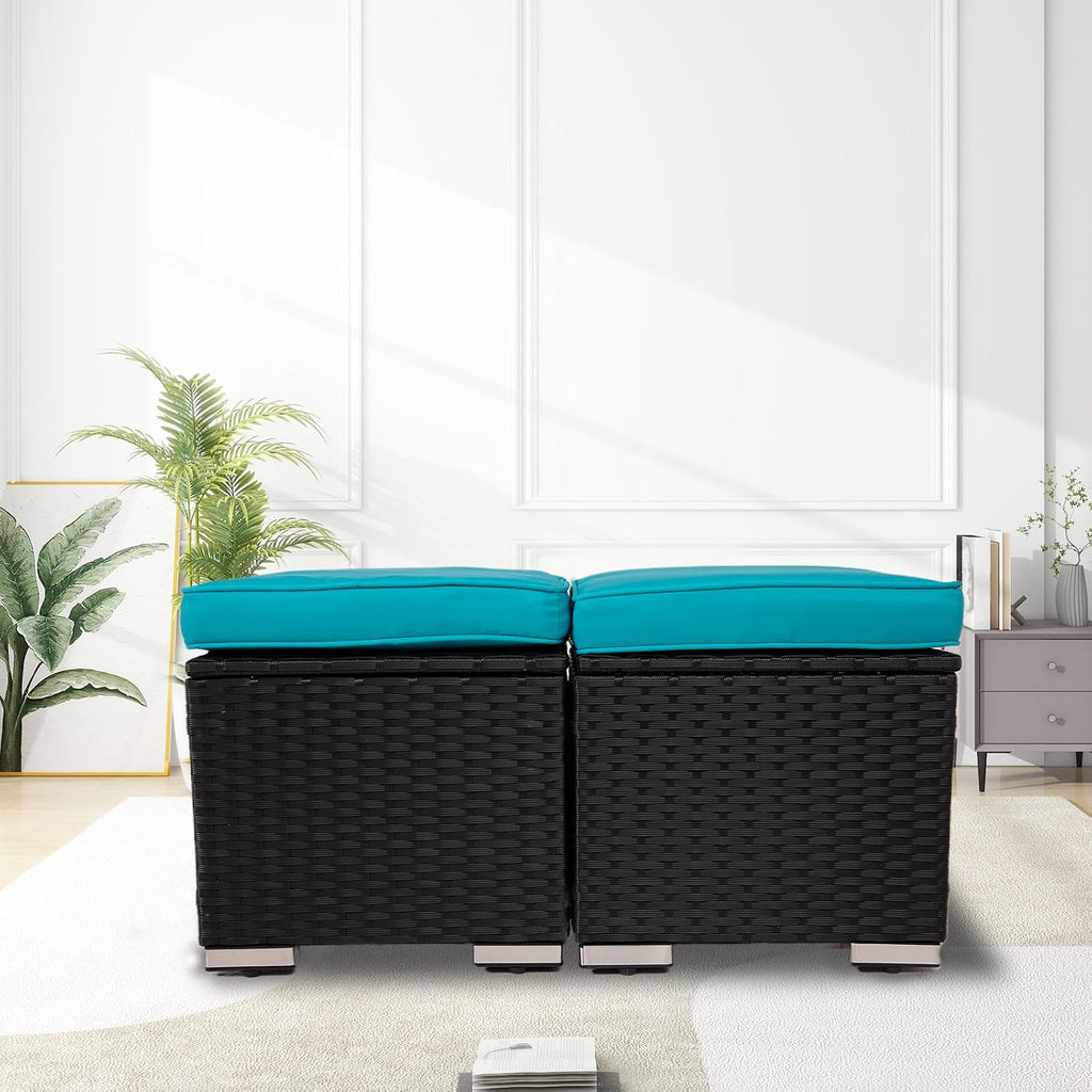 2-Pack Black-Blue Wicker Outdoor Storage Ottoman