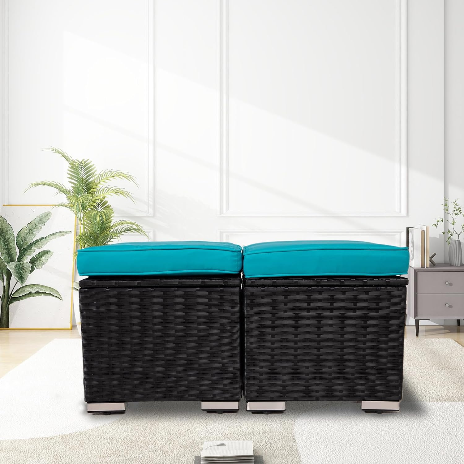 2-Pack Black-Blue Wicker Outdoor Storage Ottoman