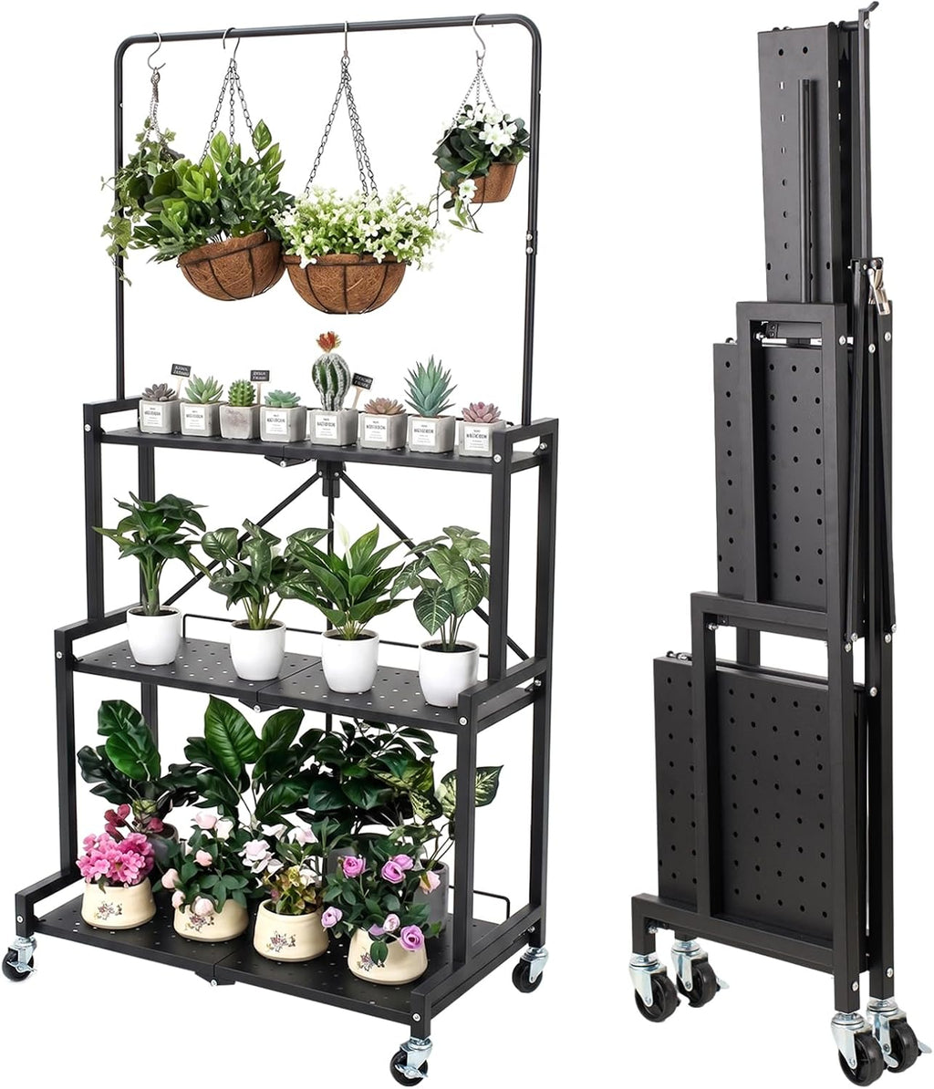 4-Tier Foldable Metal Plant Stand with Wheels