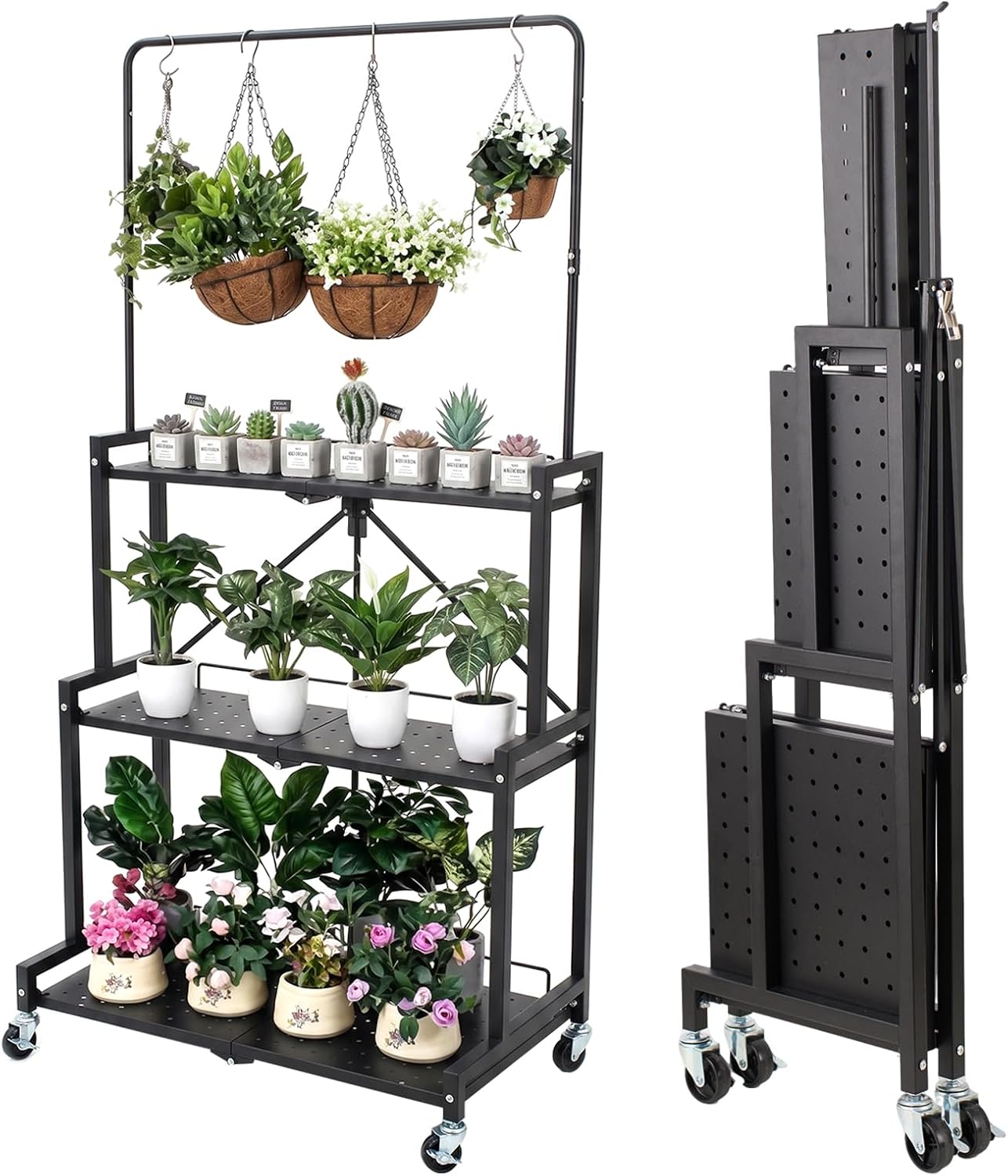 4-Tier Foldable Metal Plant Stand with Wheels