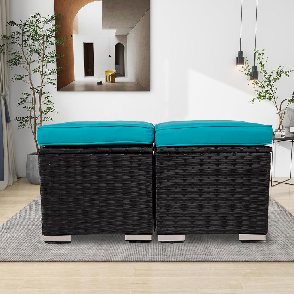 2-Pack Black-Blue Wicker Outdoor Storage Ottoman