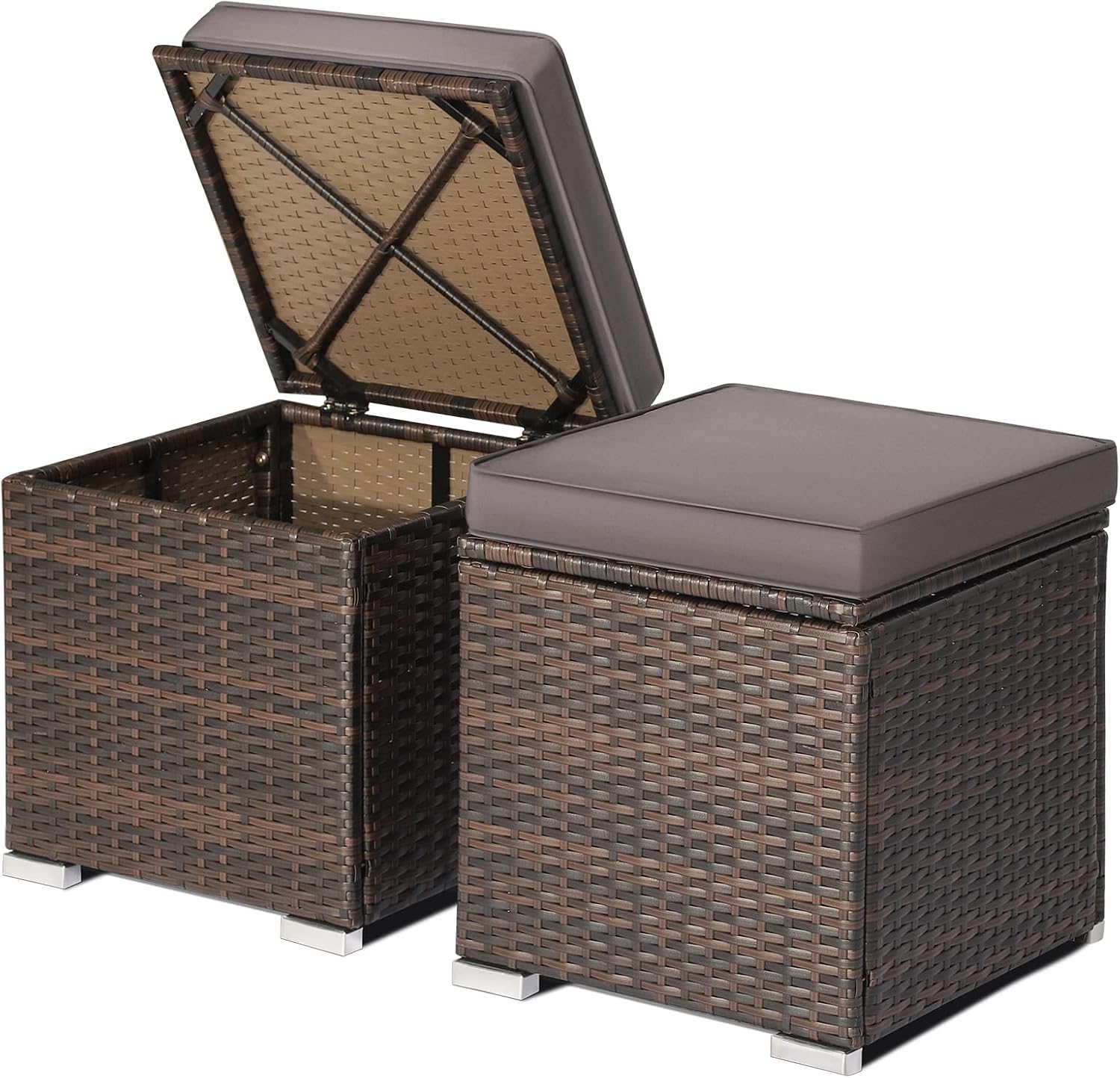 2-Pack Grey PE Rattan Outdoor Storage Ottoman
