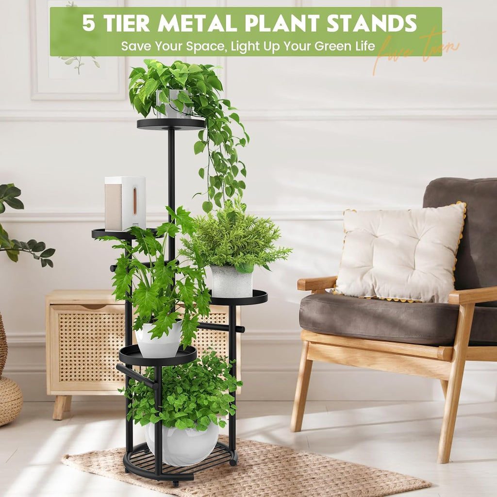 5-Tier Black Round Metal Corner Plant Stand