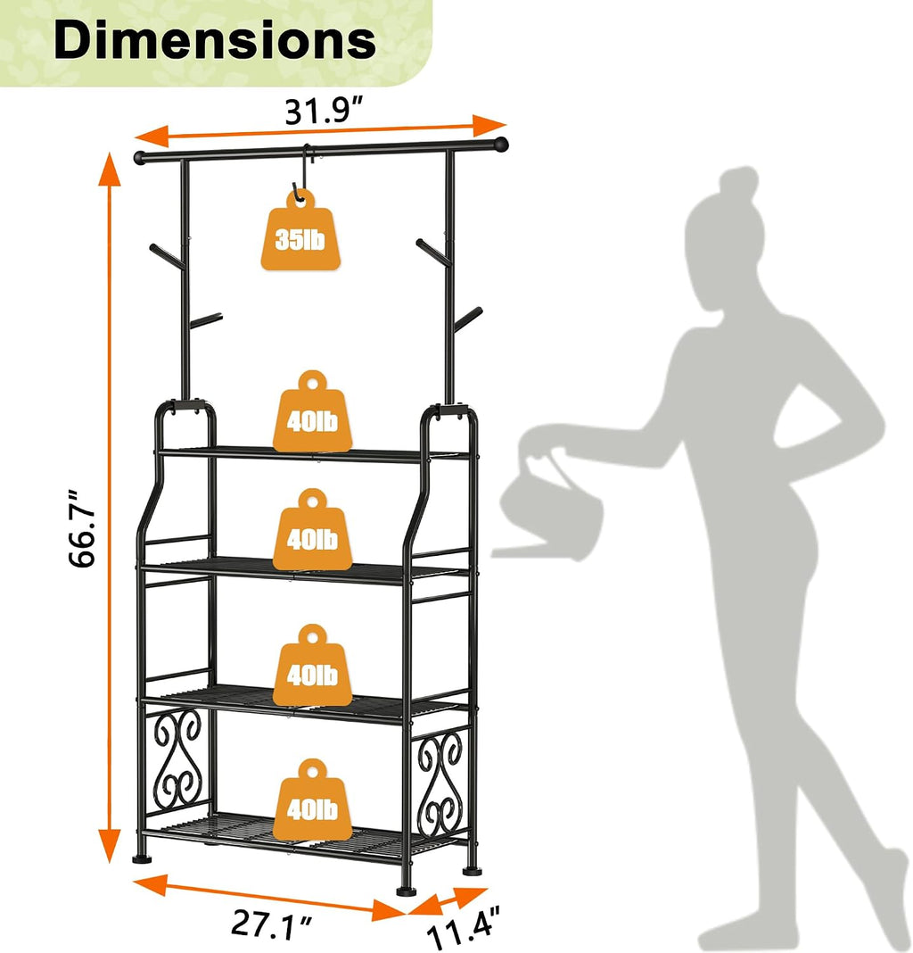 4-Tier Black Metal Plant Stand with Hooks