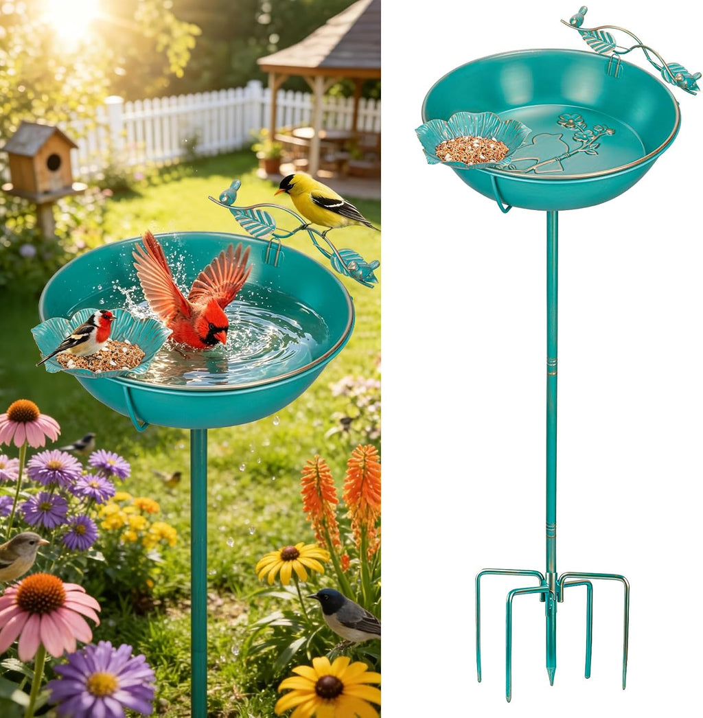 39" Lake Blue Gilded Metal Bird Bath & Feeder