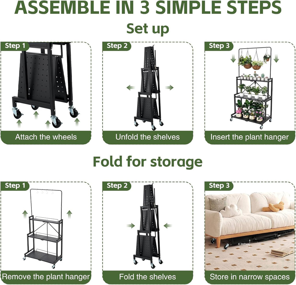 4-Tier Foldable Metal Plant Stand with Wheels