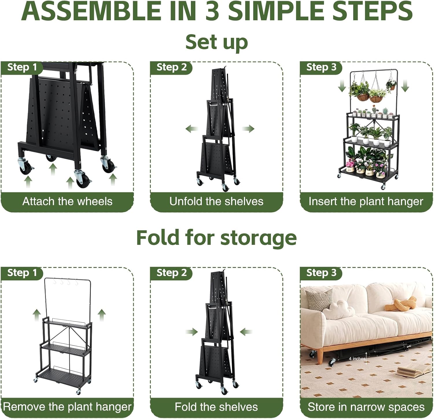4-Tier Foldable Metal Plant Stand with Wheels
