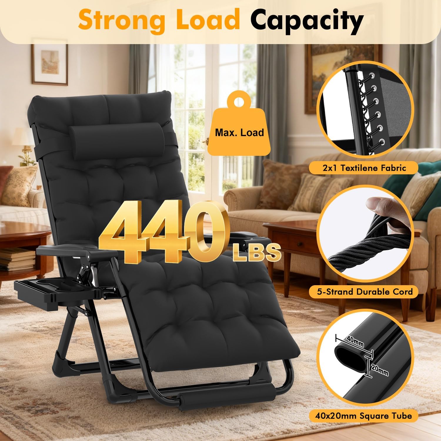 Oversized Black Padded Zero Gravity Chair