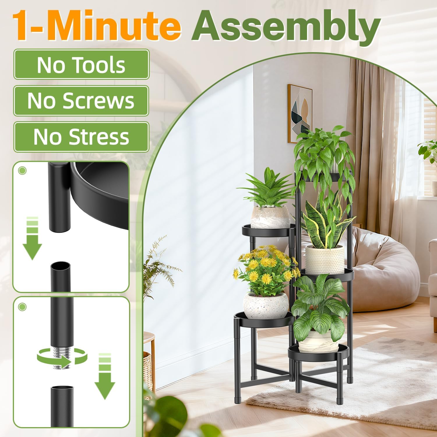 5-Tier Black Folding Metal Corner Plant Stand