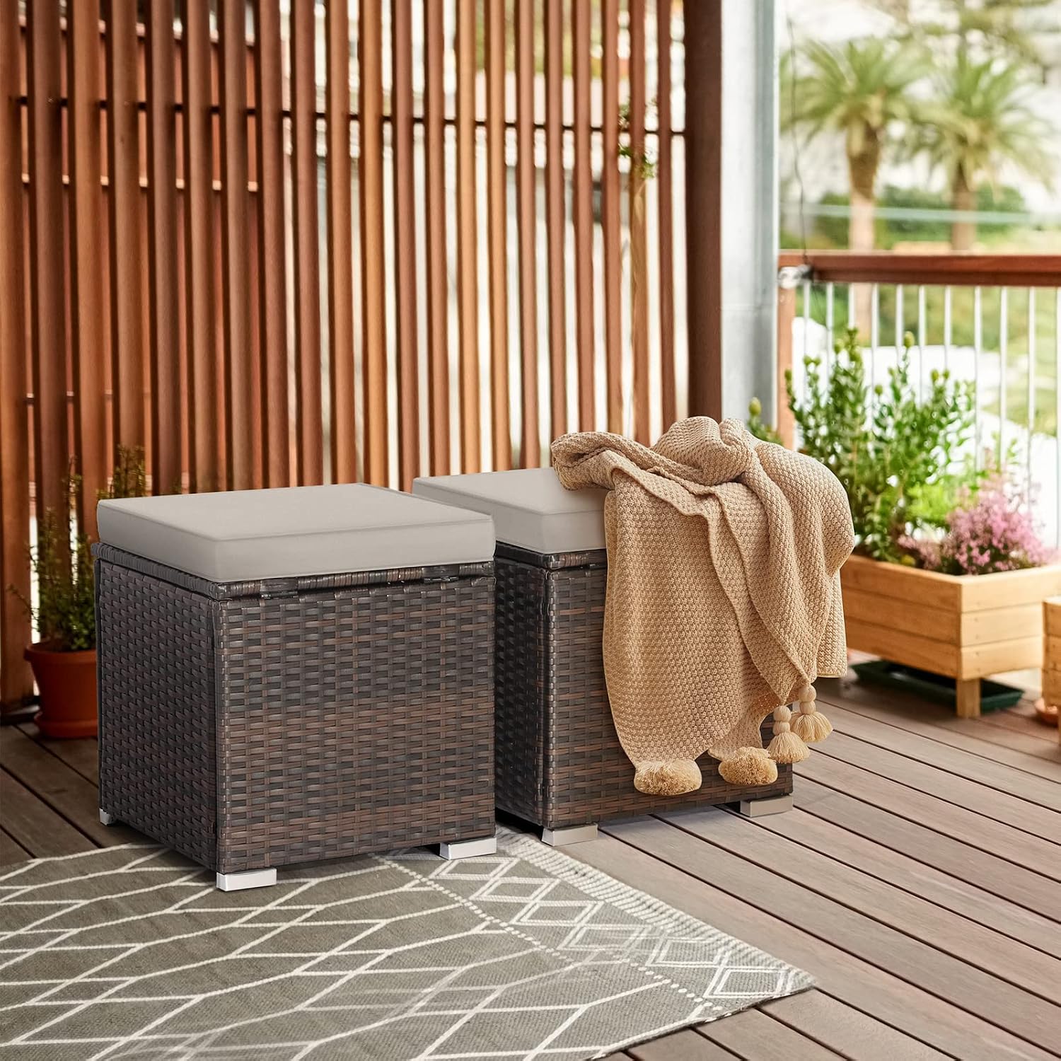 2-Pack Beige Wicker Outdoor Storage Ottoman