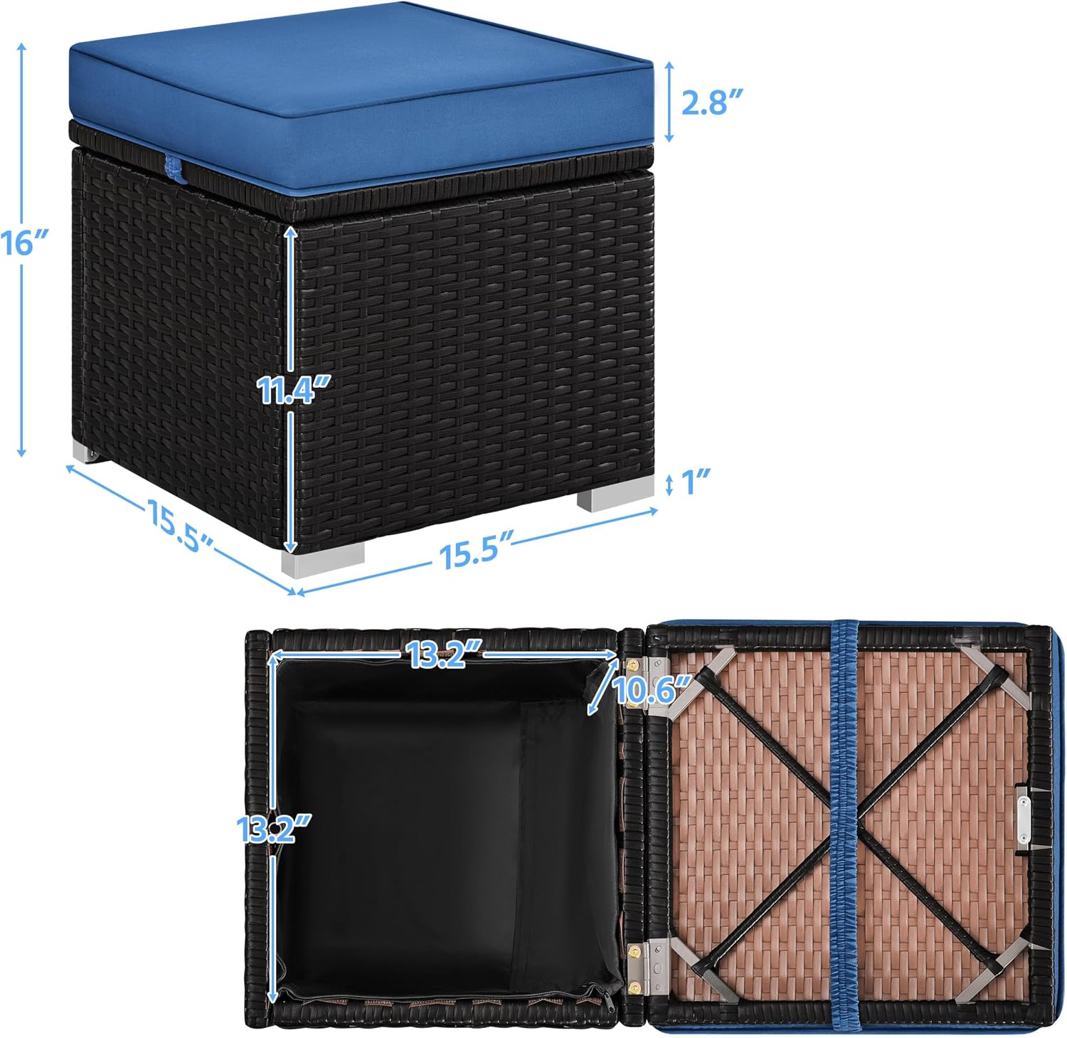 2-Pack Brown-Dark Blue PE Rattan Storage Ottoman