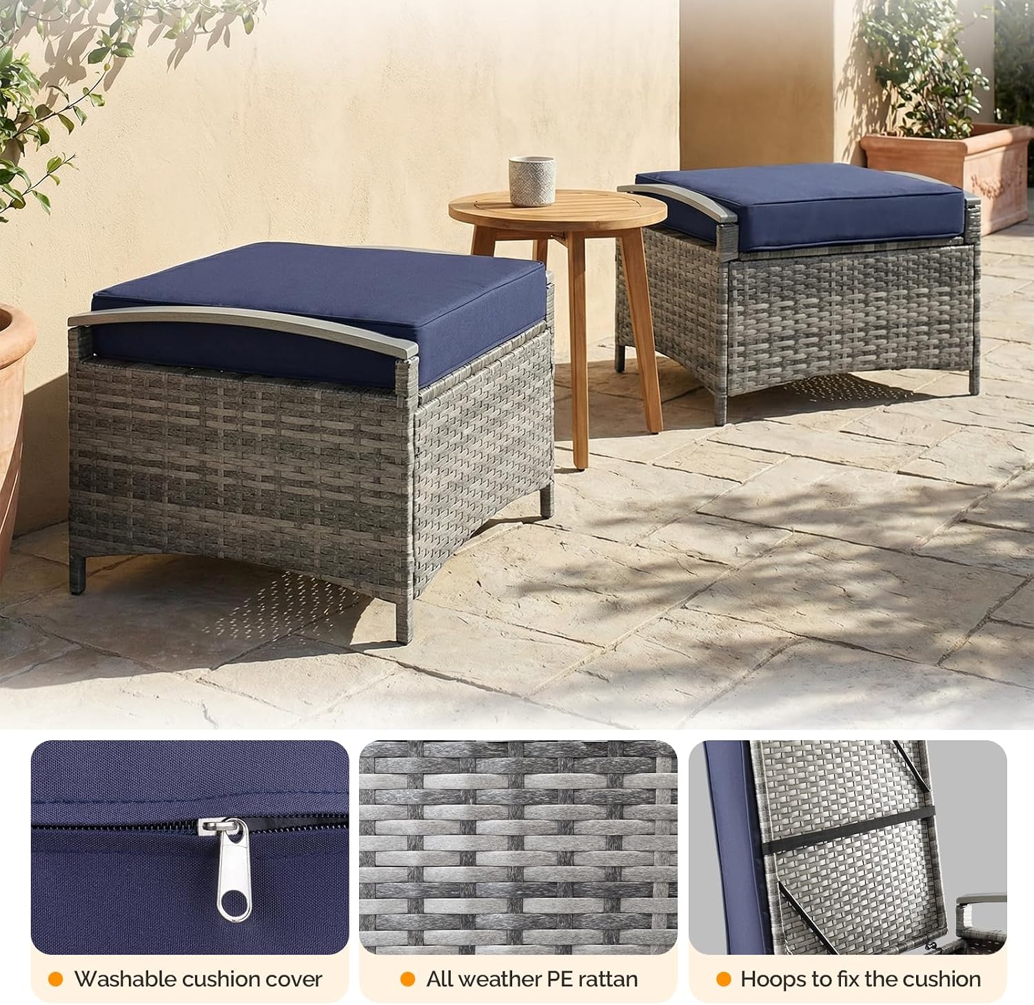2-Pack Grey Wicker Outdoor Storage Ottoman