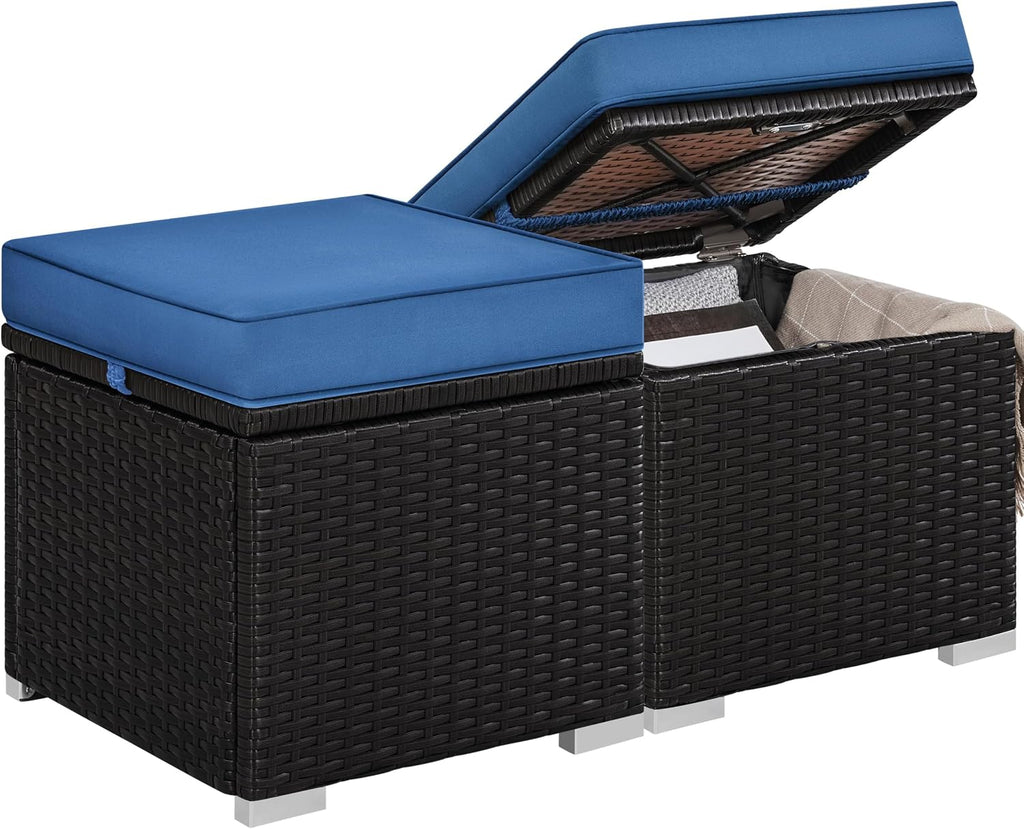 2-Pack Brown-Dark Blue PE Rattan Storage Ottoman