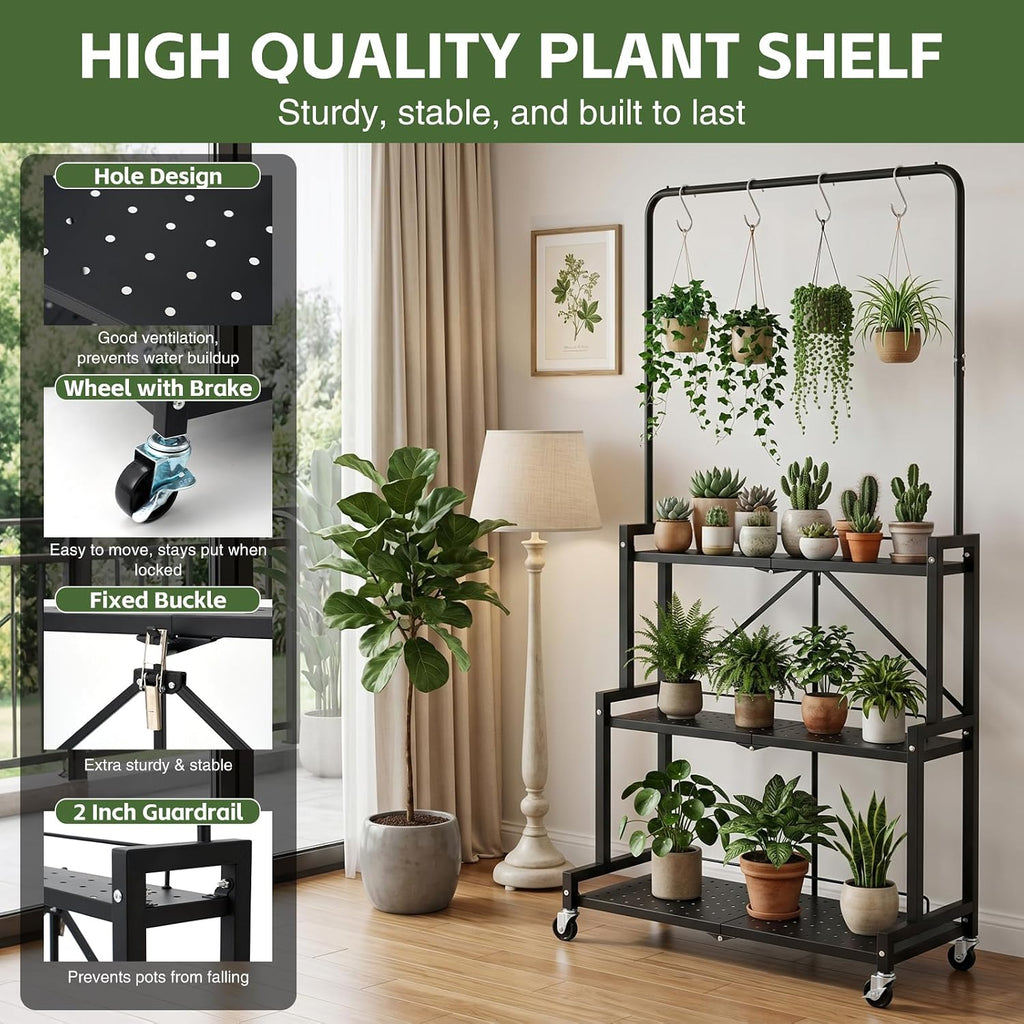 4-Tier Foldable Metal Plant Stand with Wheels