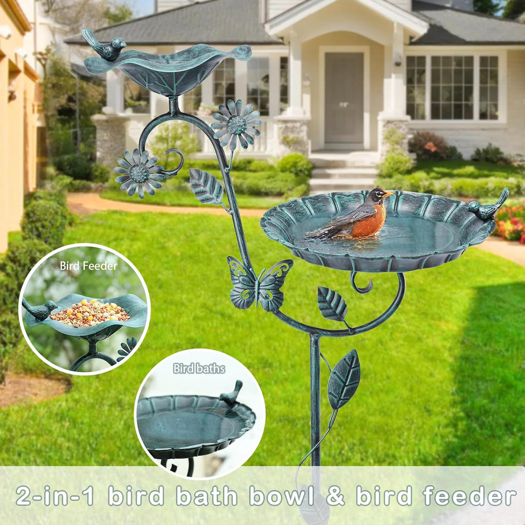 53in Green Metal Bird Bath & Feeder Station