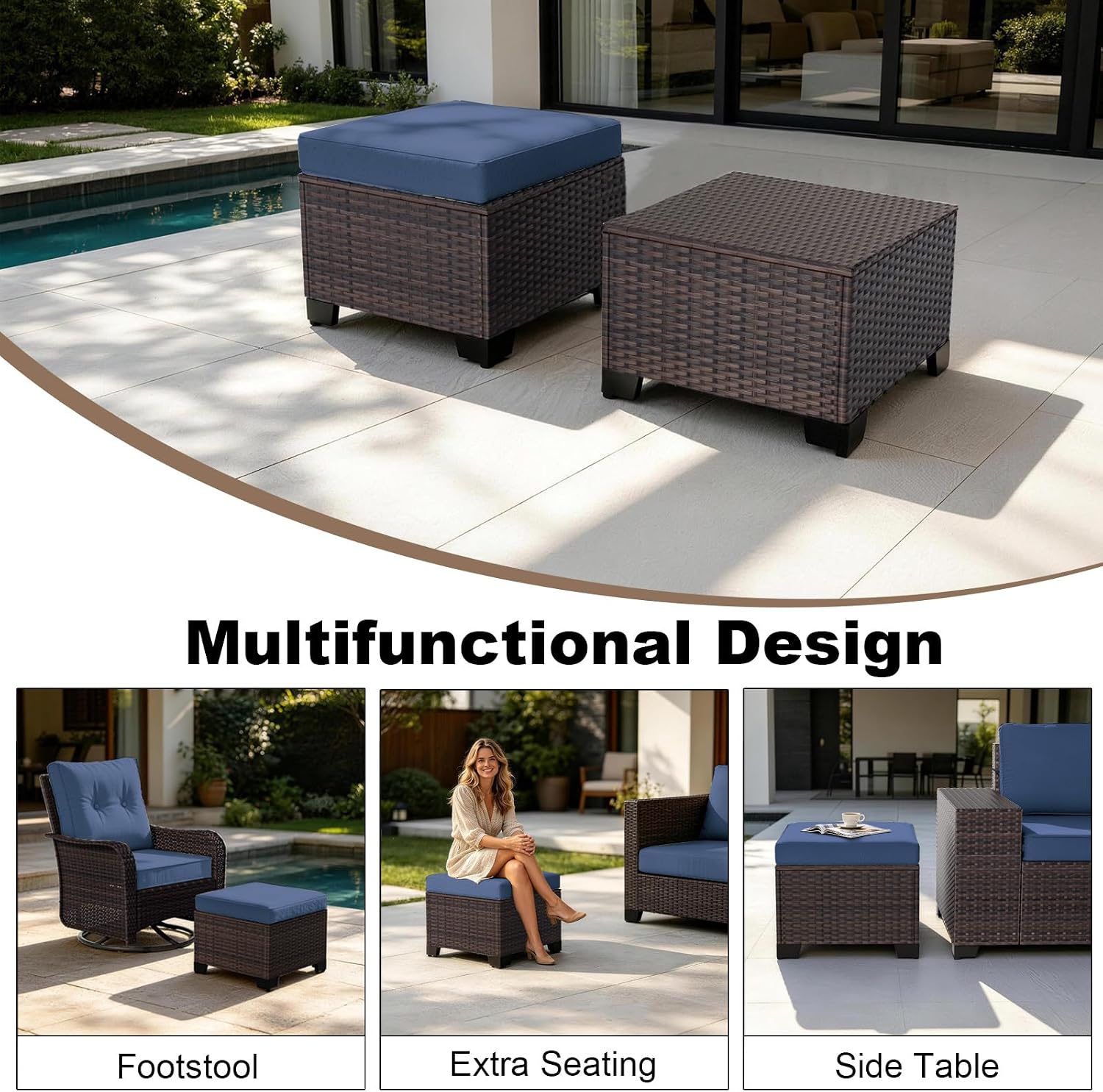 2-Pack Navy Wicker Outdoor Storage Ottoman