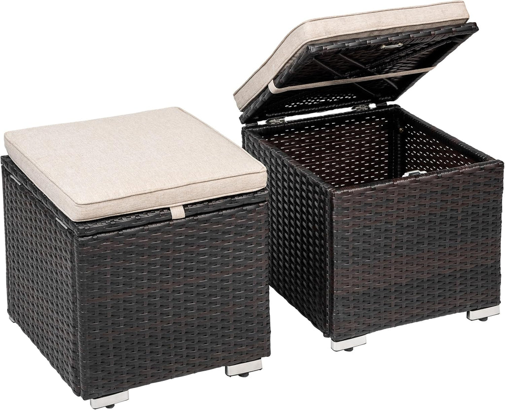 2-Pack Black-Beige Wicker Outdoor Storage Ottoman