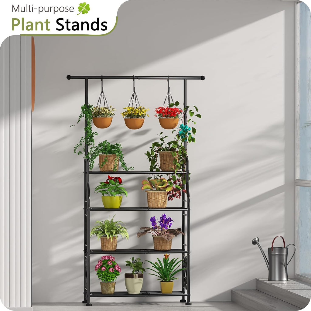 4-Tier Black Metal Plant Stand with Hooks