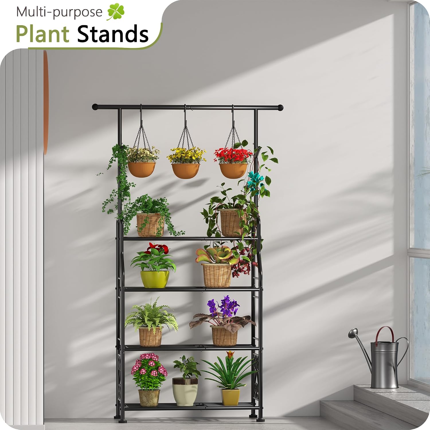 4-Tier Black Metal Plant Stand with Hooks