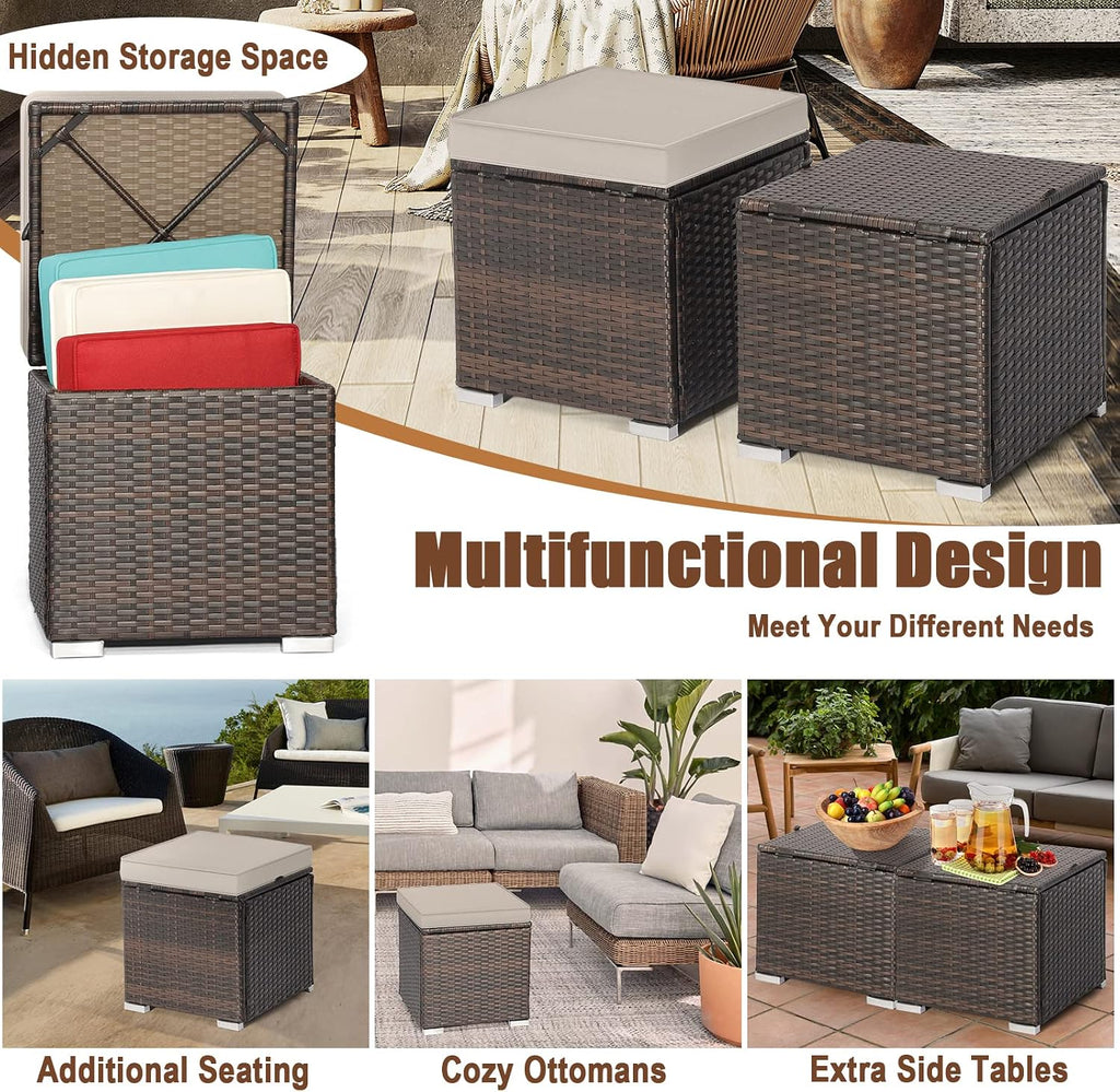 2-Pack Beige Wicker Outdoor Storage Ottoman