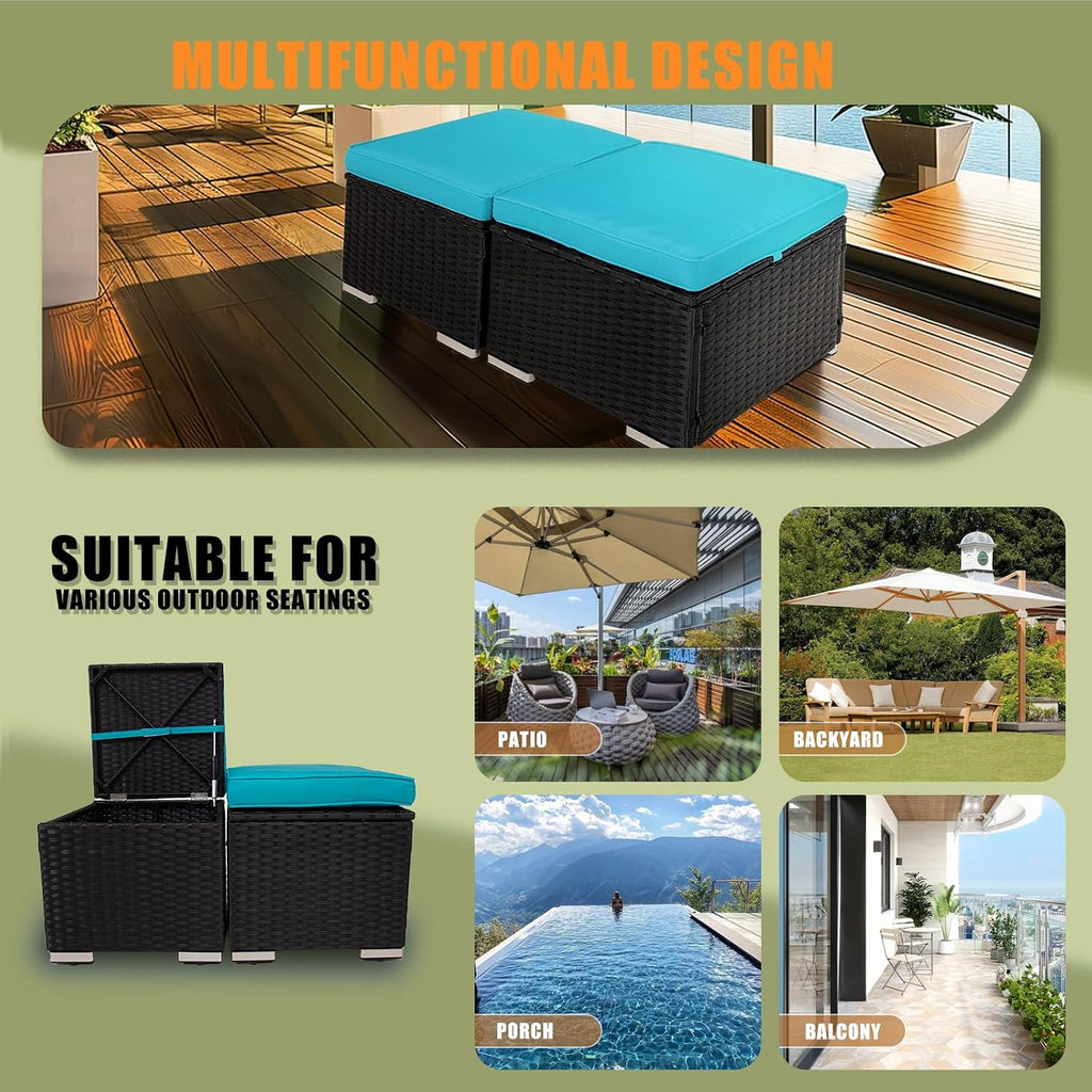 2-Pack Black-Blue Wicker Outdoor Storage Ottoman