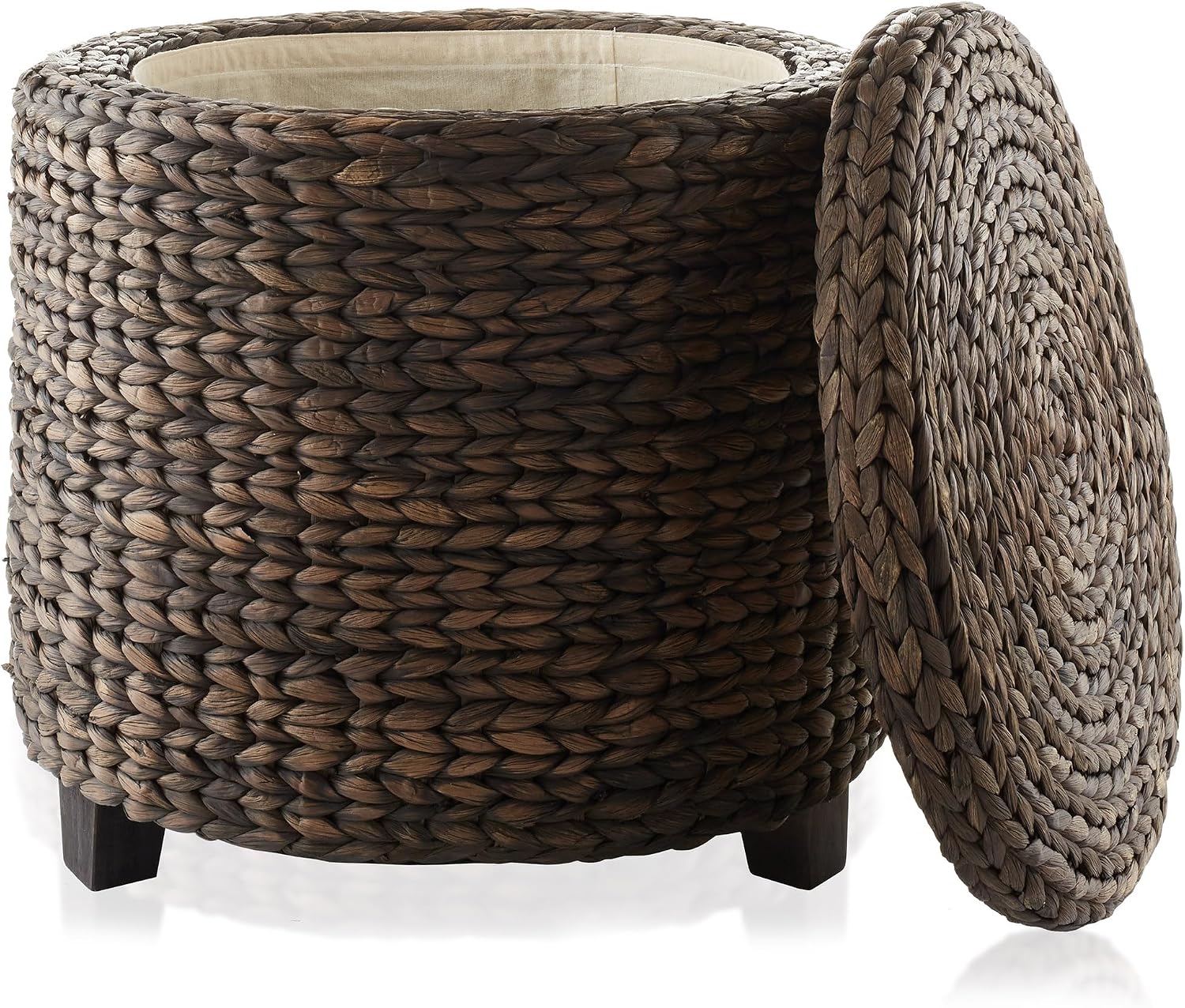 17" Espresso Water Hyacinth Round Storage Ottoman