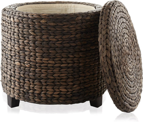 17" Espresso Water Hyacinth Round Storage Ottoman