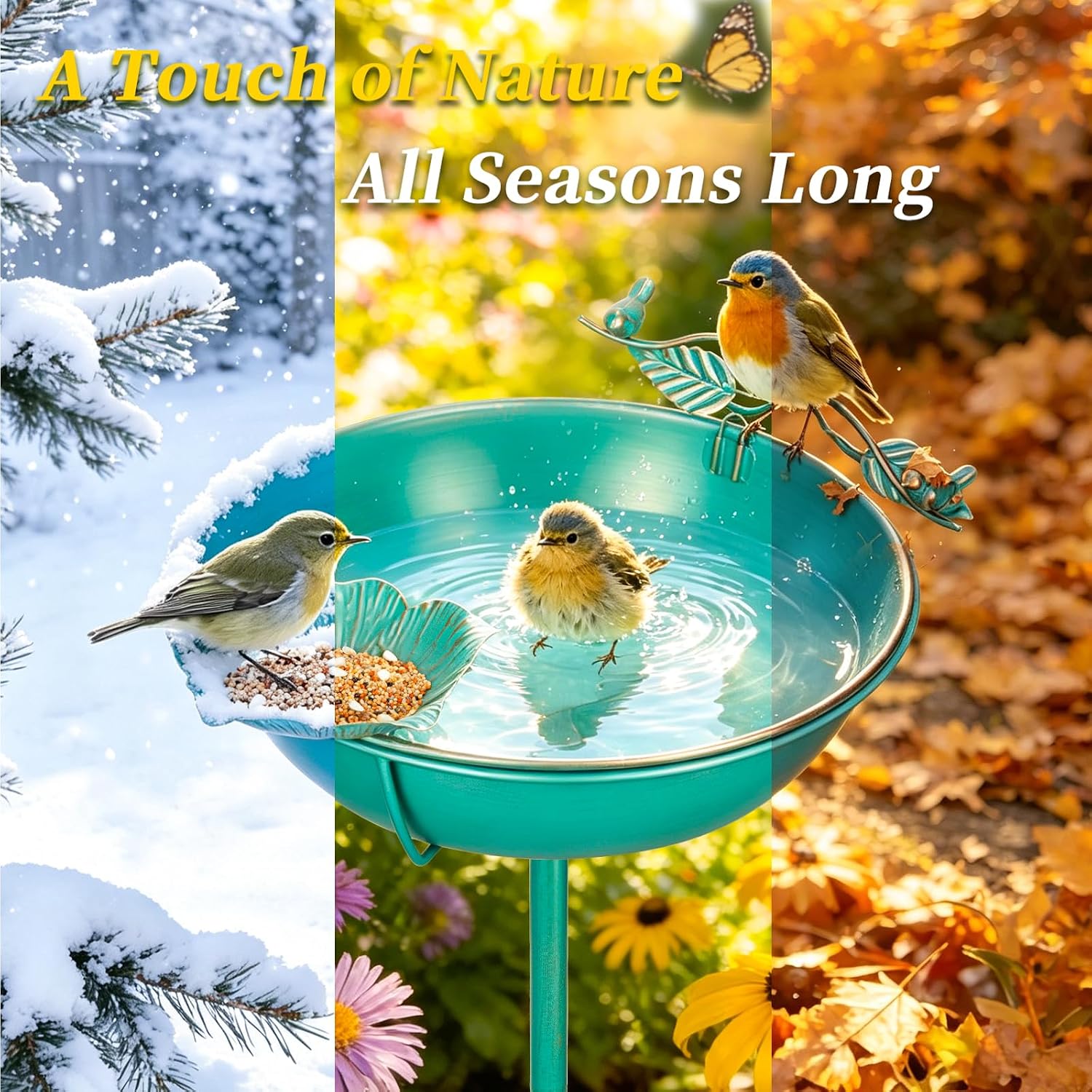 39" Lake Blue Gilded Metal Bird Bath & Feeder