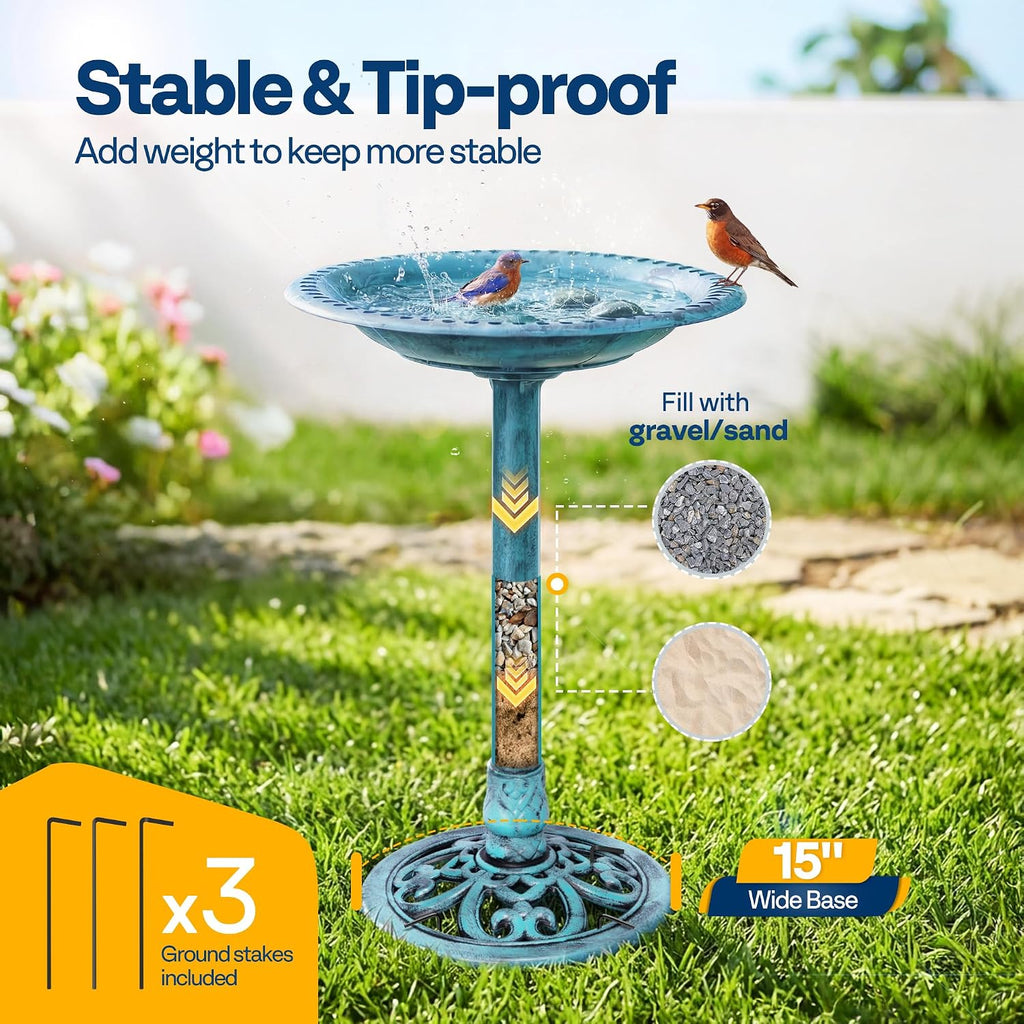 28" Blue Polyresin Pedestal Outdoor Bird Bath