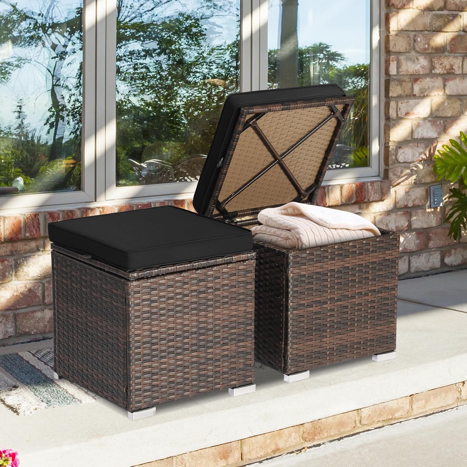 2-Pack Black PE Rattan Outdoor Storage Ottoman