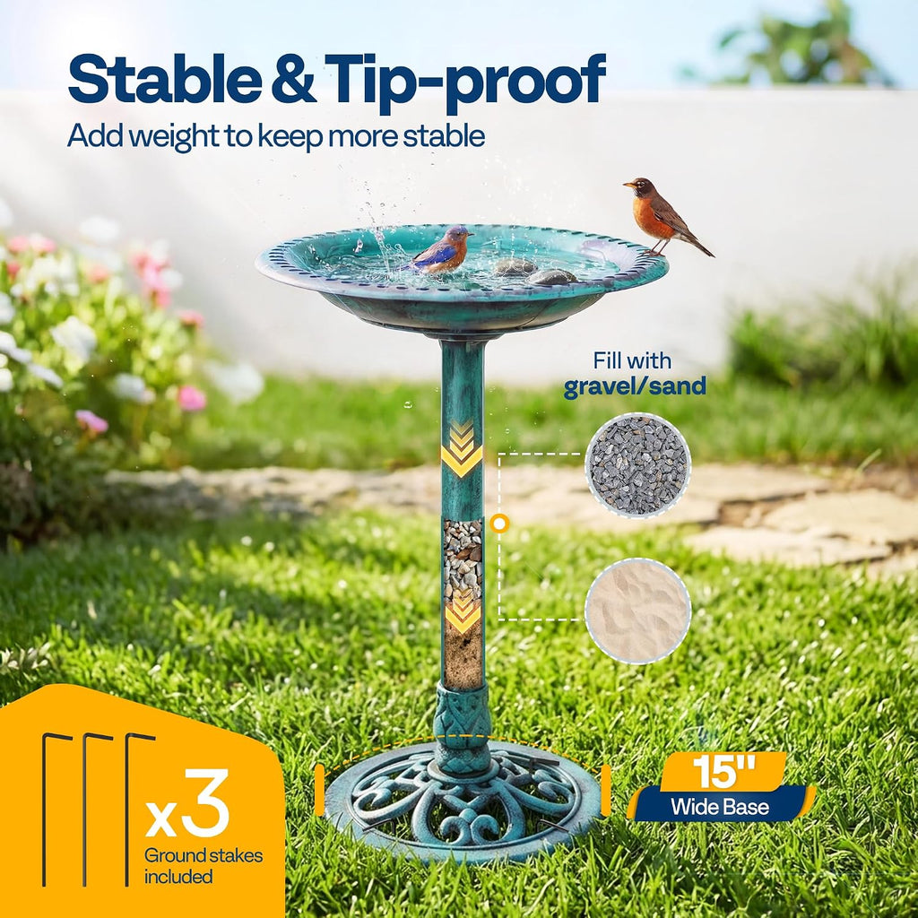 28" Green Polyresin Pedestal Outdoor Bird Bath