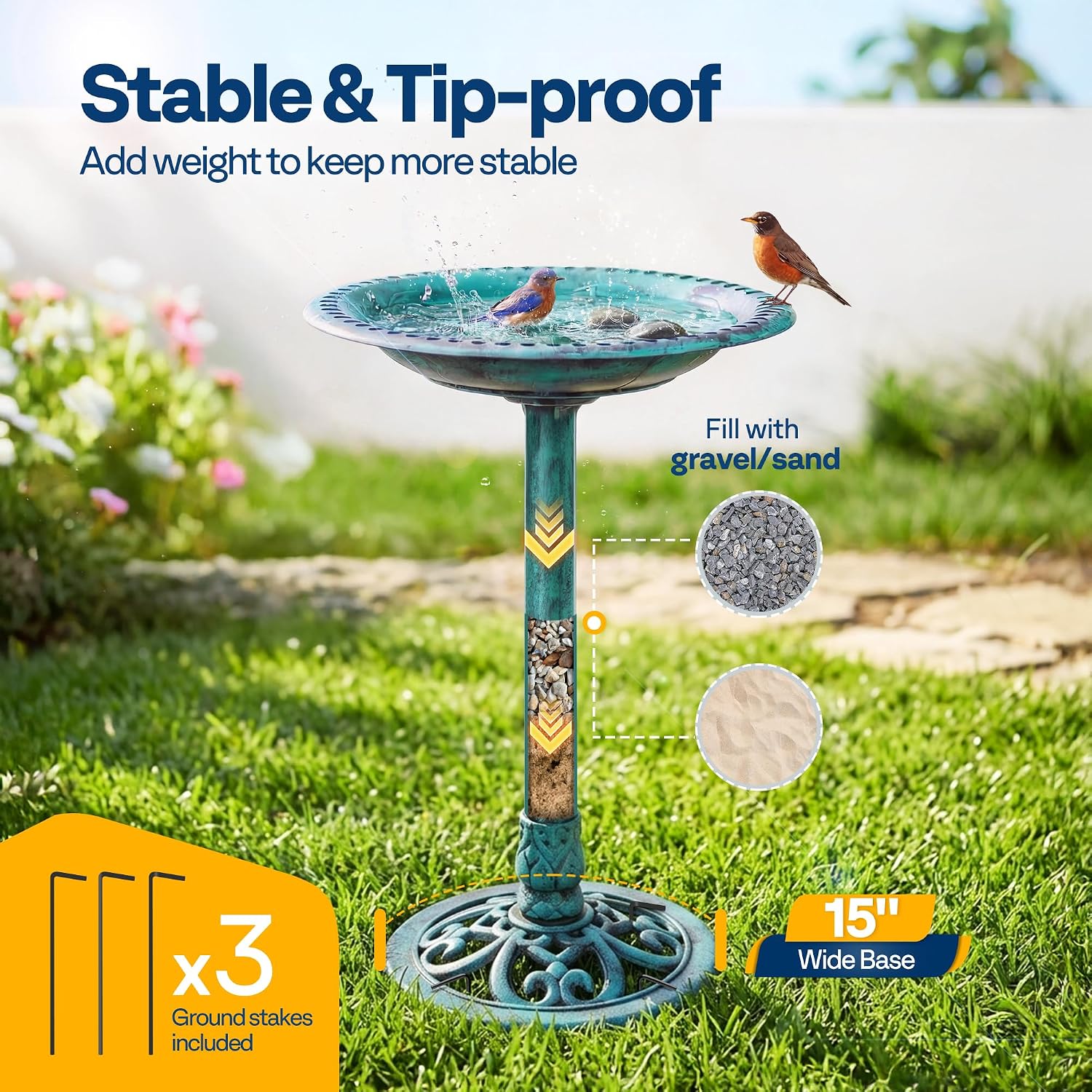 28" Green Polyresin Pedestal Outdoor Bird Bath