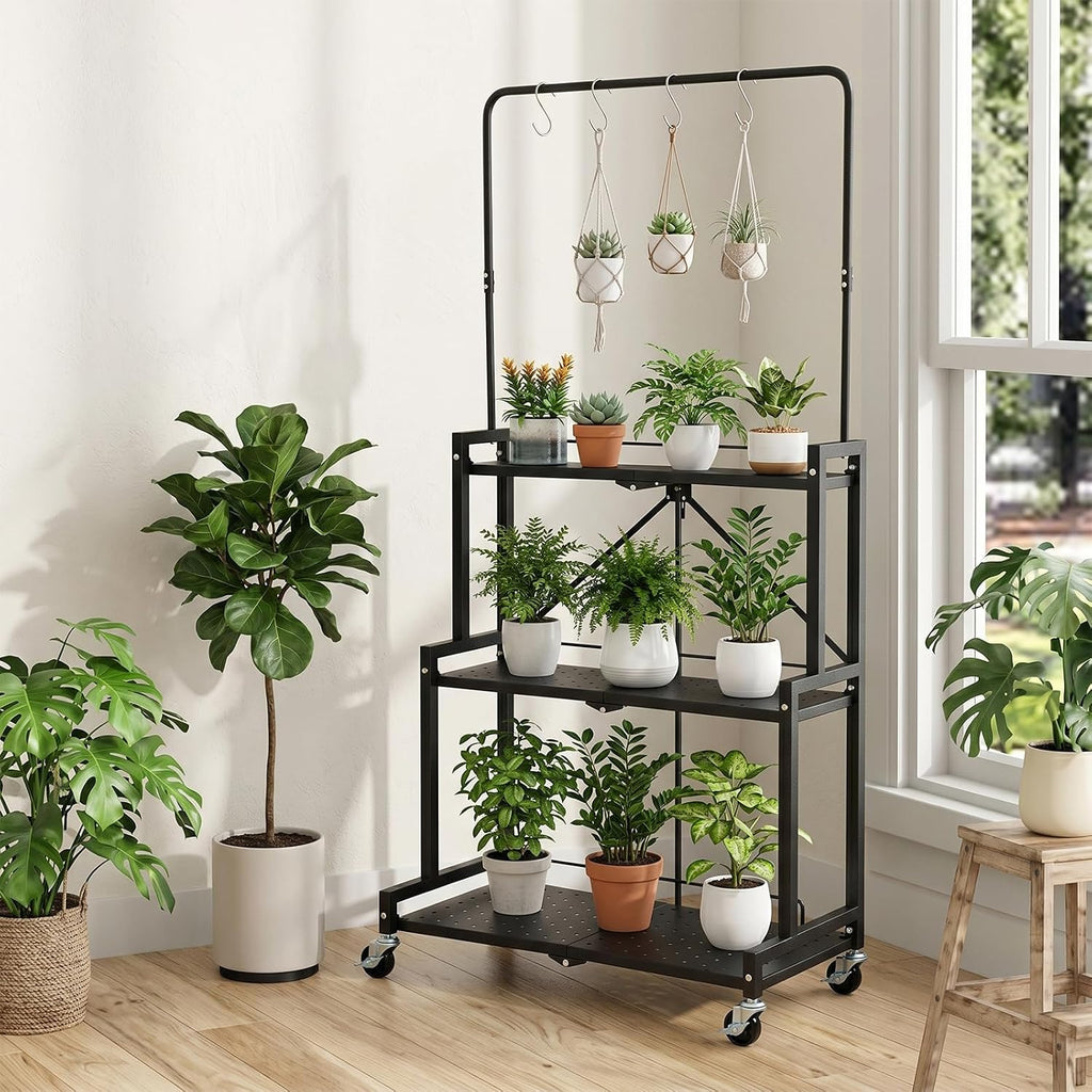 4-Tier Foldable Metal Plant Stand with Wheels