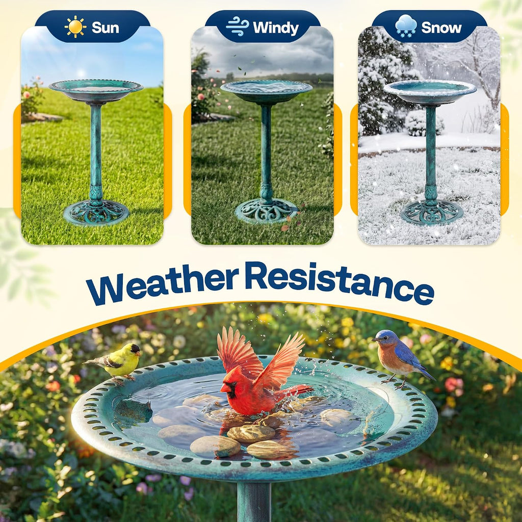 28" Green Polyresin Pedestal Outdoor Bird Bath