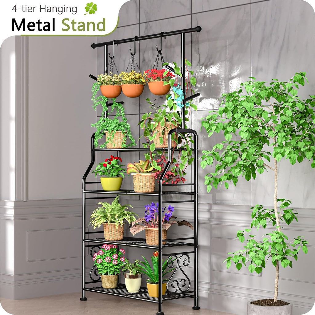 4-Tier Black Metal Plant Stand with Hooks