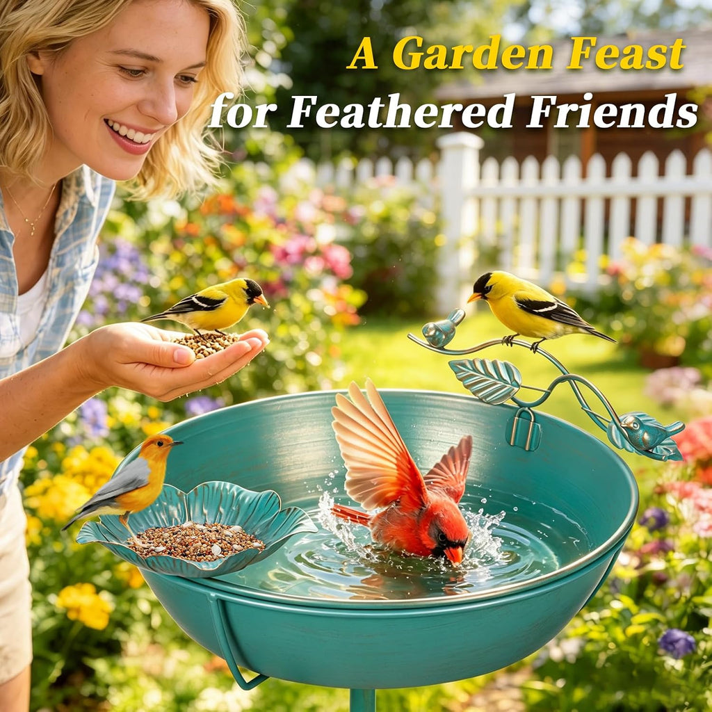 39" Lake Blue Gilded Metal Bird Bath & Feeder