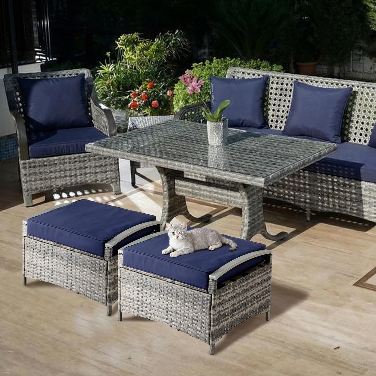 2-Pack Grey Wicker Outdoor Storage Ottoman