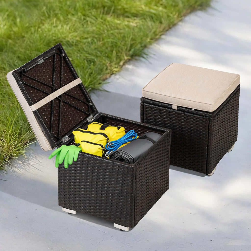 2-Pack Black-Beige Wicker Outdoor Storage Ottoman