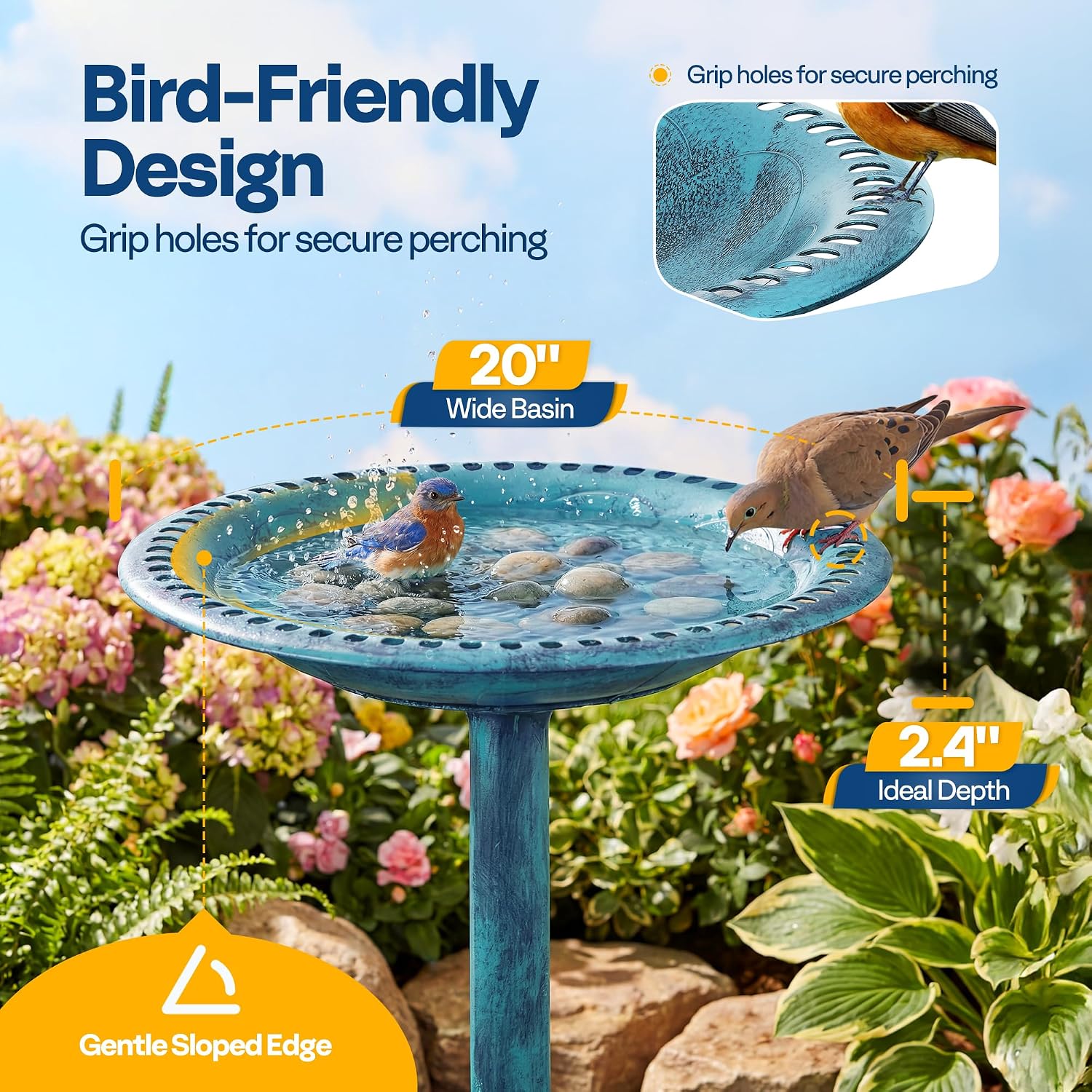 28" Blue Polyresin Pedestal Outdoor Bird Bath