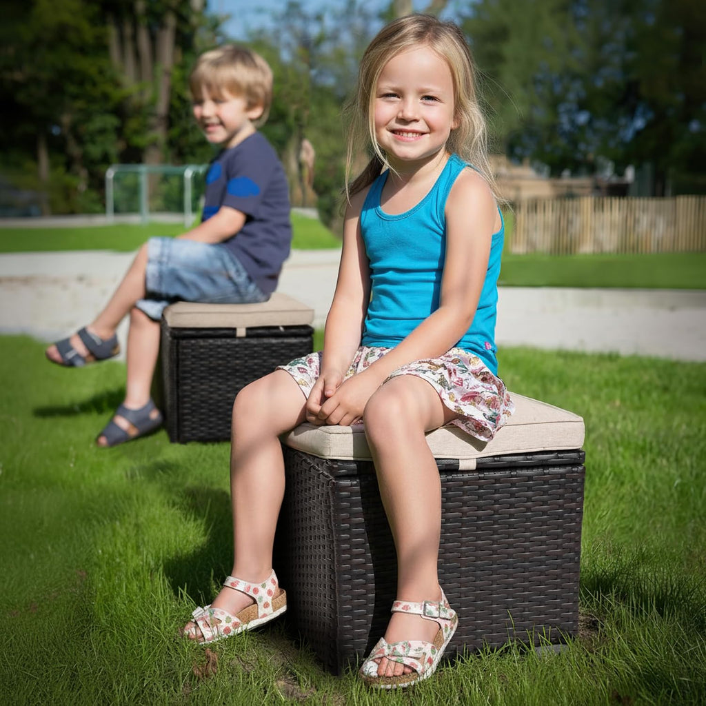 2-Pack Black-Beige Wicker Outdoor Storage Ottoman
